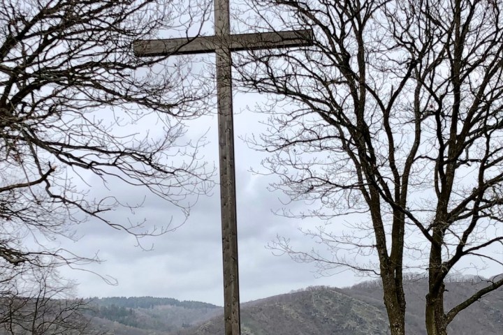 Wooden cross between bare trees with mountains in the background.