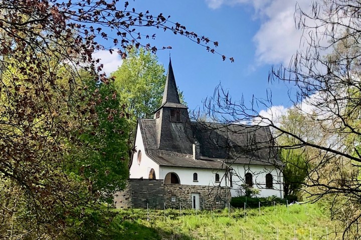 Small church with pointed roof surrounded by lush greenery and trees.